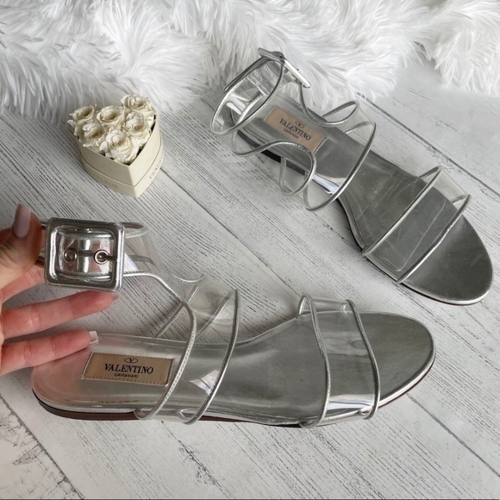 Valentino Garavani Silver Clear PVC Strappy Flat Sandals